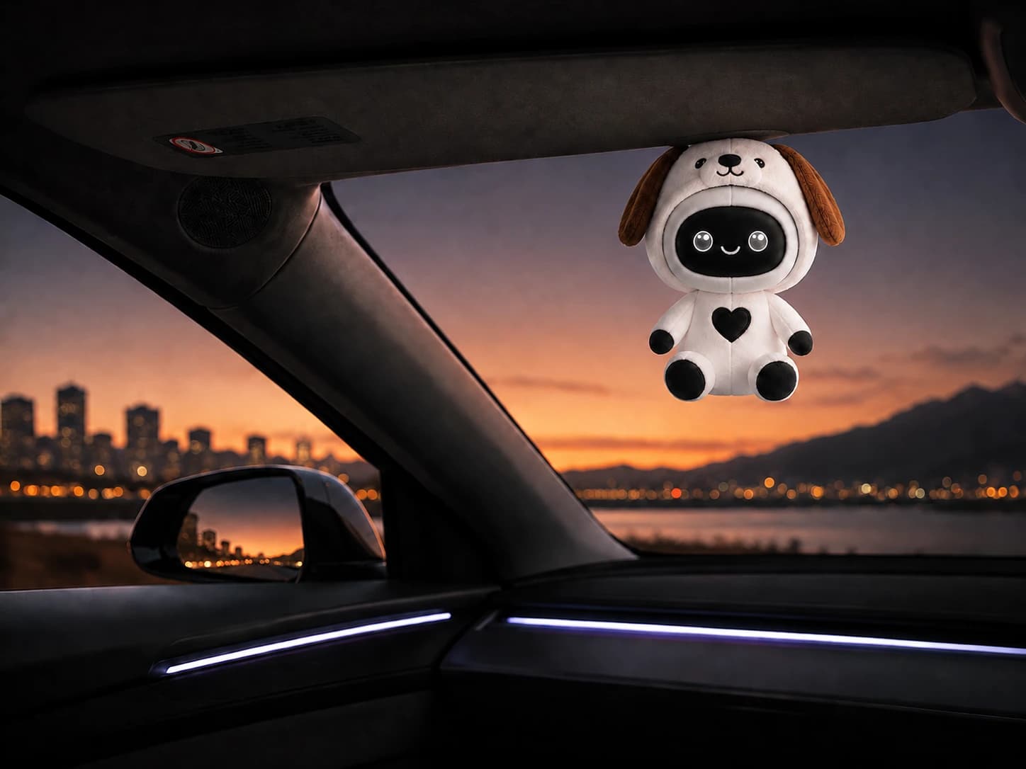 NINMO companion displayed on the sun visor inside a Tesla interior