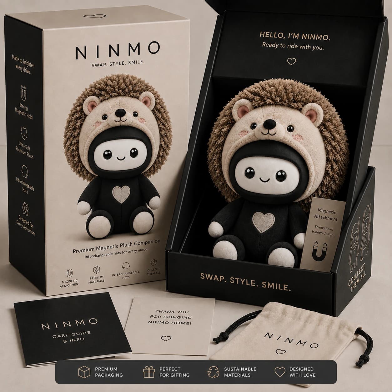 Concept packaging presentation for the Midnight Black Edition, including box, care guide, thank-you card, and pouch